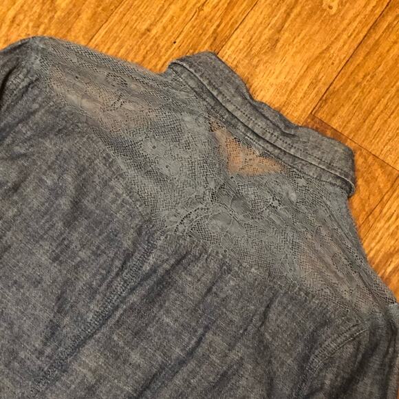 American Eagle Blue Denim Chambray Lace Long Sleeve Button Down Shirt - Picture 9 of 11